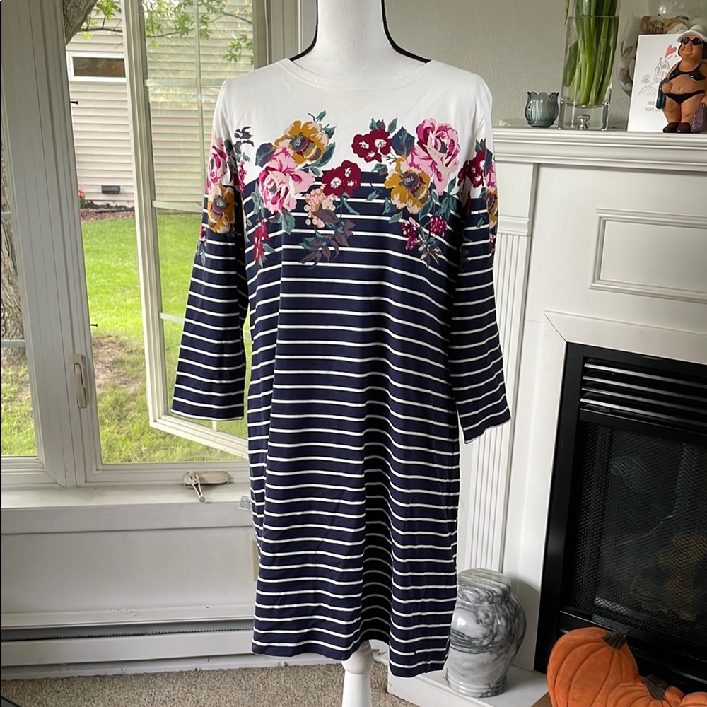 Floral Stripe Navy & White Shift Dress